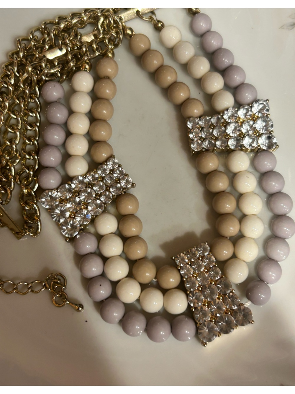 Multi-Strand Beaded Statement Necklace with Crystal Accents - Lavender Cream